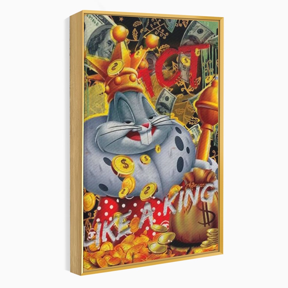 Tablou canvas cu tablou canvas cu bugs bunny rege, in rama de aluminiu auriu